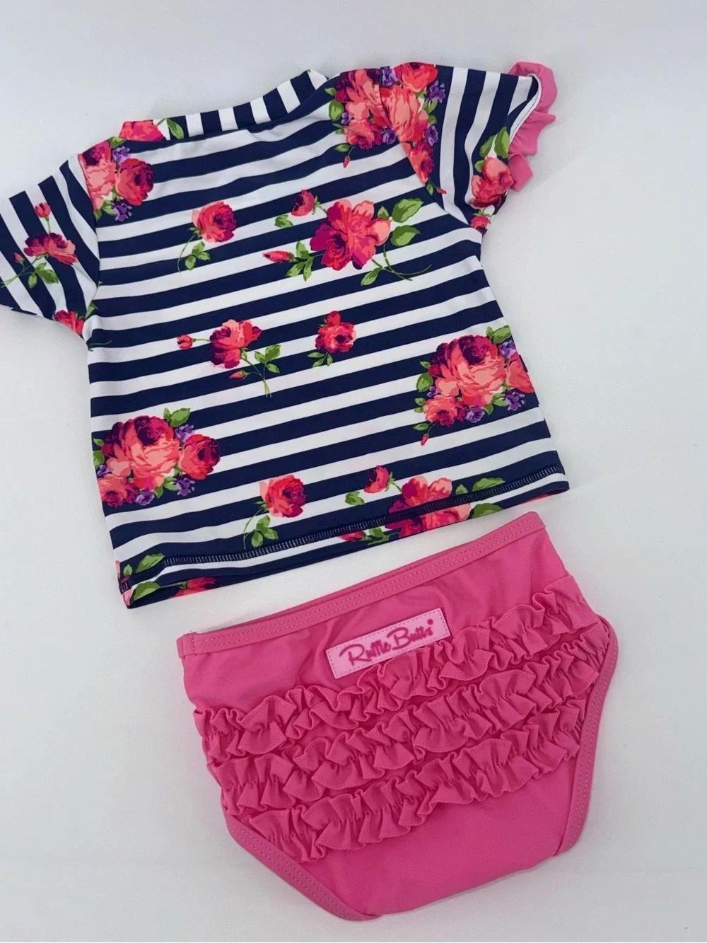 Ruffle Butts Baby Toddler Navy White Striped Floral Rash Guard Swim Set